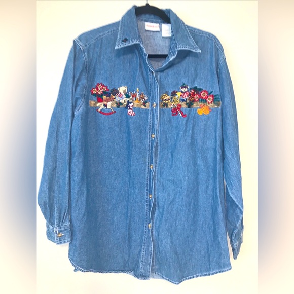 Bobbie Brooks 1990s Women’s Christmas Denim Collared Embroidered Button Up Large - Picture 1 of 16